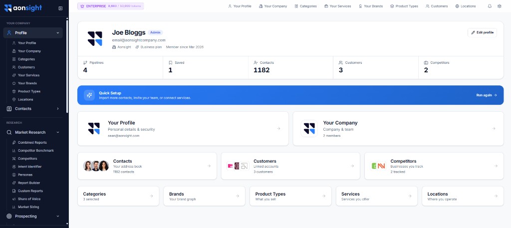 Your Aonsight profile — company, contacts, customers and more in one hub